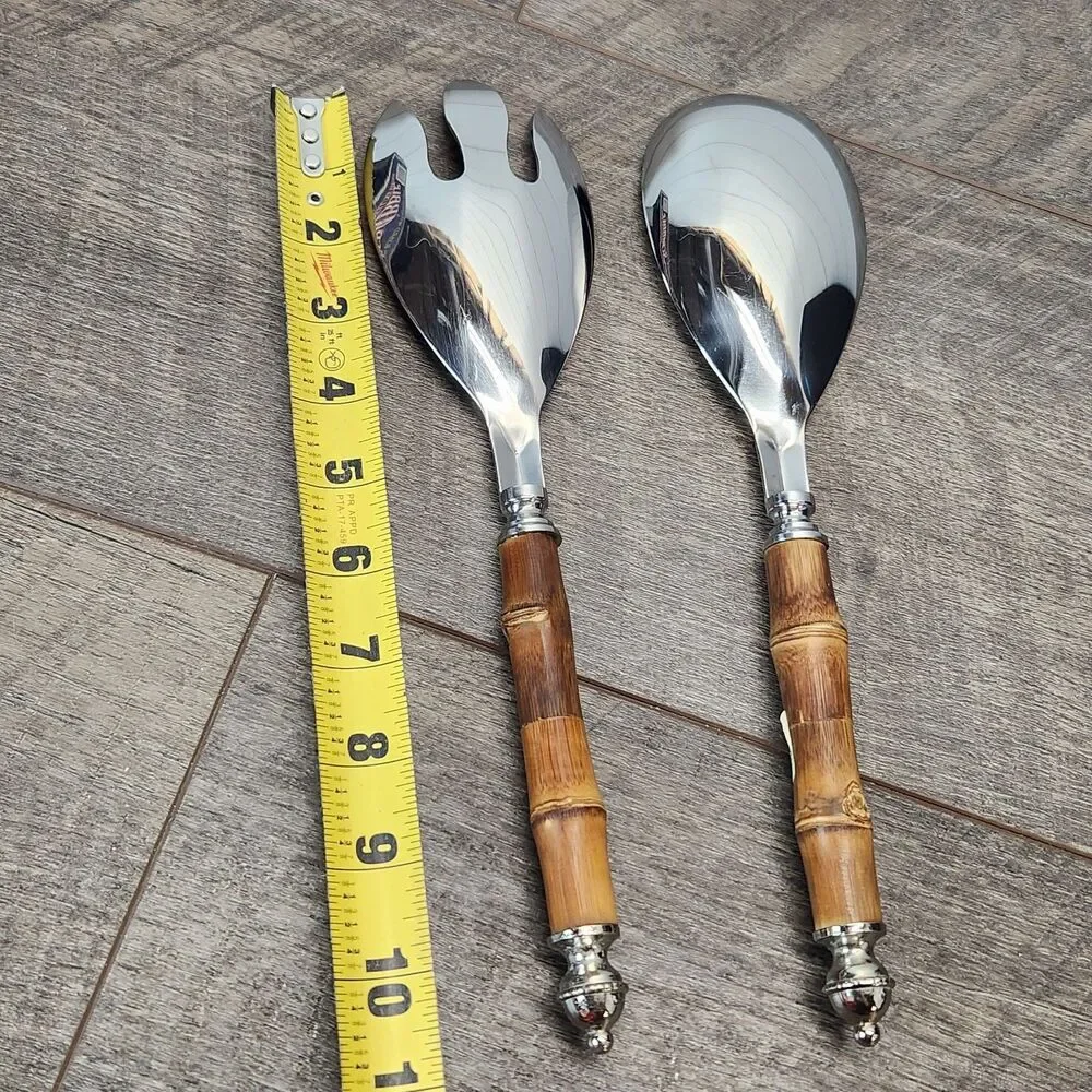 Vintage Bamboo Salad Servers Set Stainless Steel Made in India Boho Tiki Decor
